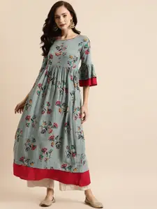all about you Teal Green Floral Printed Round Neck Bell Sleeves A-Line Kurta