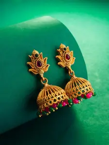 aadita Gold-Plated Stone-Studded & Beaded Dome Shaped Jhumkas