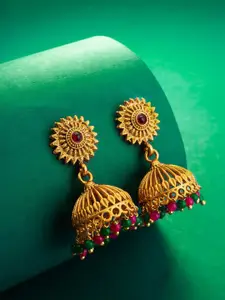 aadita Gold-Plated Stone-Studded & Beaded Dome Shaped Jhumkas