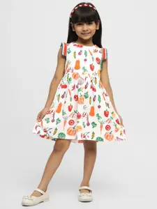 Somersault Girls White Conversational Printed Cotton Flared A-Line Dress
