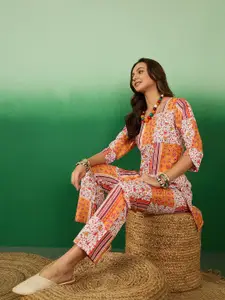 Sangria Floral Printed Round Neck Top With Trousers