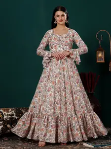 Ethnovog Floral Print Satin Square Neck Bell Sleeve Opaque Maxi Dress