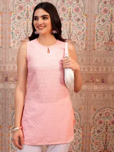 Vishudh Pink Embroidered Sleeveless Straight Kurti