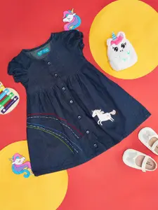 YU by Pantaloons Girls Graphic Printed Puffed Sleeves Pure Cotton A-Line Denim Dress