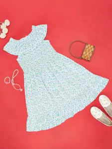 YU by Pantaloons Girls Floral Printed Cold-Shoulder Gathered & Smocked A-Line Dress