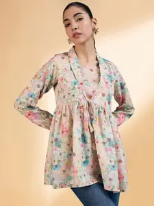 all about you Beige Floral Printed V-Neck Long Sleeves Gathered A-Line Top