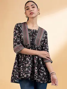 all about you Black Floral Printed Square Neck Pleated A-Line Kurti