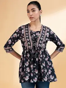 all about you Black Floral Printed Square Neck Pleated A-Line Short Kurti