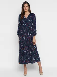 HOUSE OF KKARMA Floral Printed V-Neck Puff Sleeves Gathered Detail Fit & Flare Midi Dress
