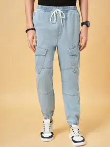 People Blue Men Mid-Rise Jogger Fit Light Fade Cargo Style Cotton Jeans