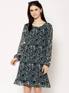HOUSE OF KKARMA Floral Printed Puff Sleeves Pleated Detail Fit & Flare Mini Dress