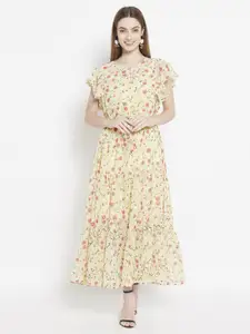 HOUSE OF KKARMA Floral Printed Flutter Sleeves Georgette Tie Up Tiered Maxi Dress