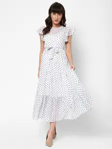 HOUSE OF KKARMA Polka Dots Printed Flutter Sleeves Georgette Tie Up Tiered Maxi Dress