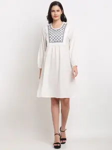 Miaz Lifestyle Geometric Embroidered Puff Sleeve A-Line Dress