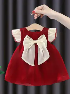 INCLUD Girls Flutter Sleeves Bow Detailed Net Fit & Flare Dress