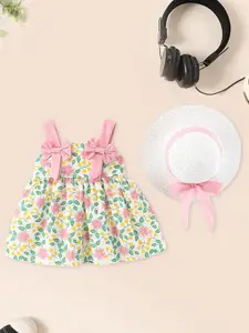 INCLUD Girls Floral Print Bow Detailed Fit & Flare Dress with Hat