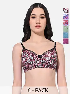FIMS Pack Of 6 Printed Full Coverage Non Padded Cotton T-shirt Bras With All Day Comfort
