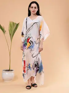 Shararat V Neck Printed Silk Kaftan Maxi Nightdress