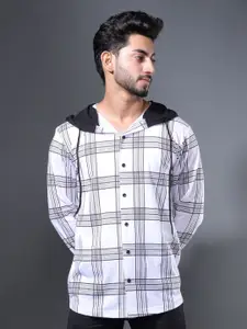 Eyebogler White & Black Checked Hooded Casual Shirt