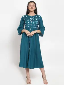 Miaz Lifestyle Ethnic Motifs Embroidered Bell Sleeve Fit & Flare Midi Dress