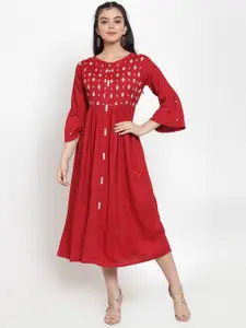 Miaz Lifestyle Ethnic Motifs Embroidered Bell Sleeve Fit & Flare Midi Dress