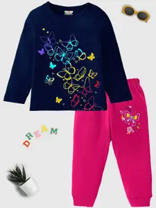 KUCHIPOO Girls Butterfly Printed Long Sleeves Cotton T-shirt With Jogger