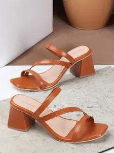 DressBerry Tan Strappy Open Toe Block Heels