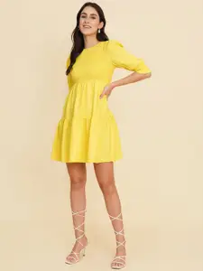 HOUSE OF KKARMA Puff Sleeves Smocked Fit & Flare Dress