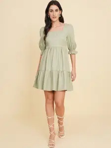 HOUSE OF KKARMA Square Neck Flared Puff Sleeve Fit & Flare Dress