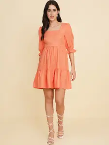 HOUSE OF KKARMA Square Neck Flared Puff Sleeve Fit & Flare Dress