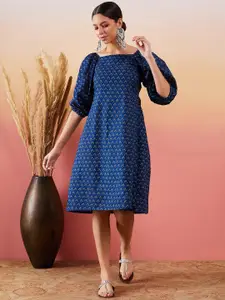 InWeave Navy Blue Polka Dot Printed Flared Cotton A-Line Dress