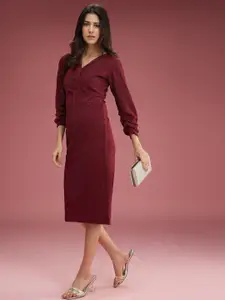 DressBerry Magenta V-Neck Three-Quarter Sleeves Midi Opaque Wrap Casual Dress