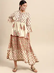 all about you Cream Coloured & Pink Ethnic Motifs Printed Pure Cotton Maxi Dress