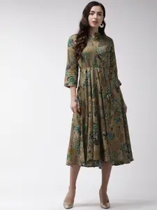 all about you Mustard Brown & Green Floral Printed A-Line Midi Dress