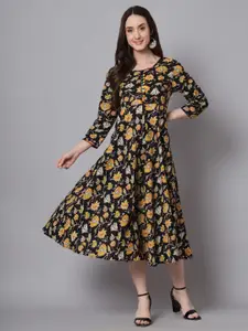 all about you Black & Yellow Floral Printed Round Neck Cotton A-Line Midi Dress
