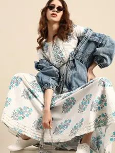 all about you White Floral Printed Round Neck Bell Sleeve Fit & Flare Cotton Midi Dress