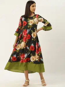 all about you Black & Coral Pink Floral Printed Bell Sleeve Fit & Flare Midi Dress