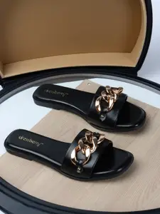 DressBerry Black Embellished Open Toe Flats