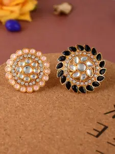 Silvermerc Designs Set Of 2 Gold-Plated AD & Kundan-Studded Floral Rings