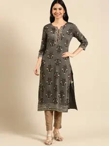 all about you Grey Ethnic Motifs Printed Gotta Patti Detailed Cotton Straight Kurta