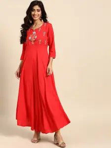 all about you Floral Embroidered Thread Work Round Neck Empire A-Line Kurta