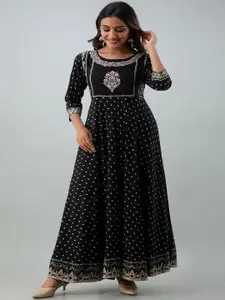 all about you Black Ethnic Motifs Printed Embroidered Detailed Liva Maxi Ethnic Dress