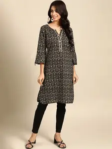 all about you Ethnic Motifs Printed Pure Cotton Notched Neck Straight Kurta
