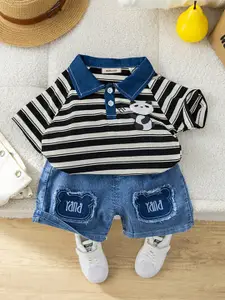 INCLUD Boys Striped Polo Collar T-shirt with Shorts