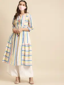 all about you Off White Striped Keyhole Neck Thread Work Pure Cotton A-Line Kurta