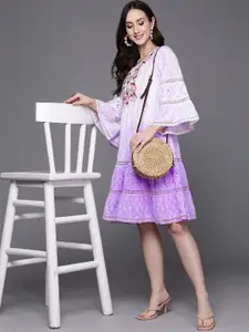 Indo Era Lavender Floral Embroidered Bell Sleeve Cotton A-Line Dress