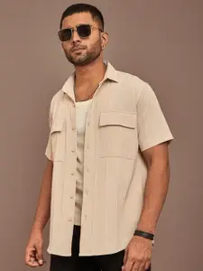 Powerlook Spread Collar Short Sleeves Striped India Slim Oversized Casual Shirt