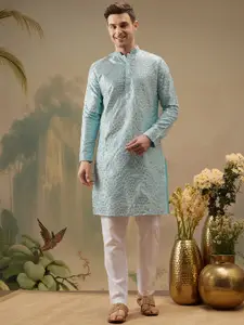 ATRAENTA Ethnic Motifs Embroidered Mandarin Collar Mirror Work Straight Kurta