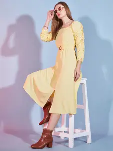 DressBerry Yellow Round Neck Puff Sleeve Fit & Flare Midi Casual Dress Comes With A Belt