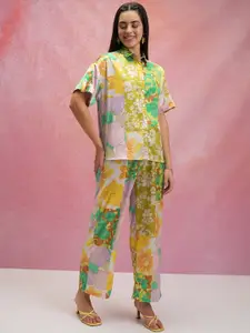 Tokyo Talkies Printed Shirt Collar Top & Trouser